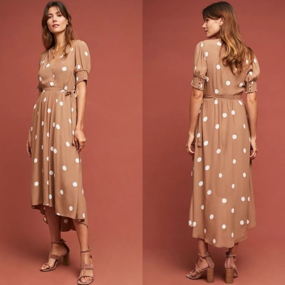Anthropologie Maeve Tan White Bernice Polka Dot Wrap Midi Dress Sz 6 Chic Preppy